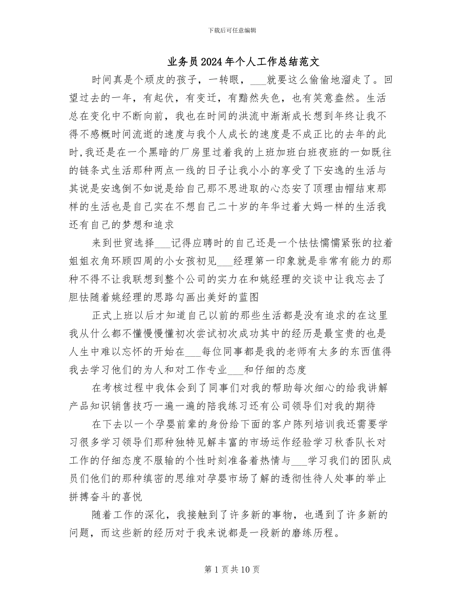 业务员2024年个人工作总结范文_第1页
