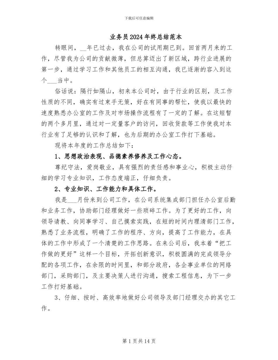 业务员2024年终总结范本_第1页