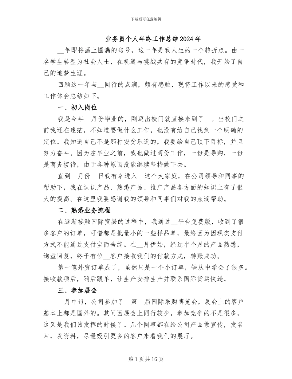 业务员个人年终工作总结2024年_第1页