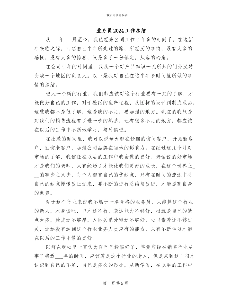 业务员2024工作总结_第1页