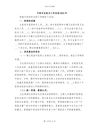 中医专业技术工作总结2024年