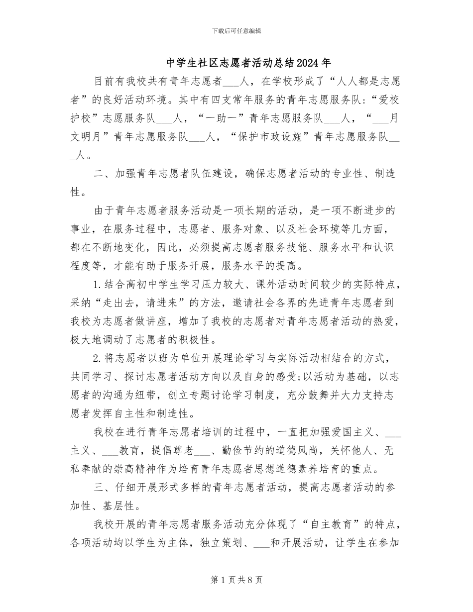 中学生社区志愿者活动总结2024年_第1页