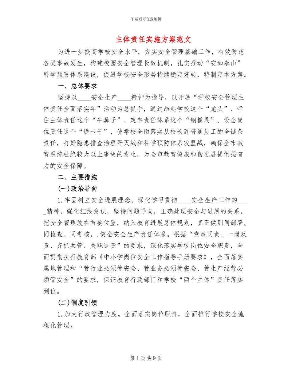 主体责任实施方案范文_第1页