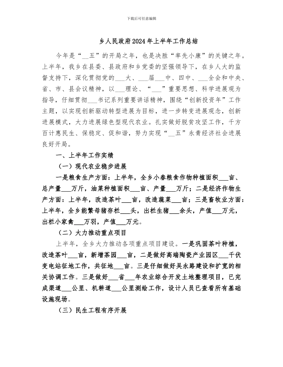 乡人民政府2024年上半年工作总结_第1页