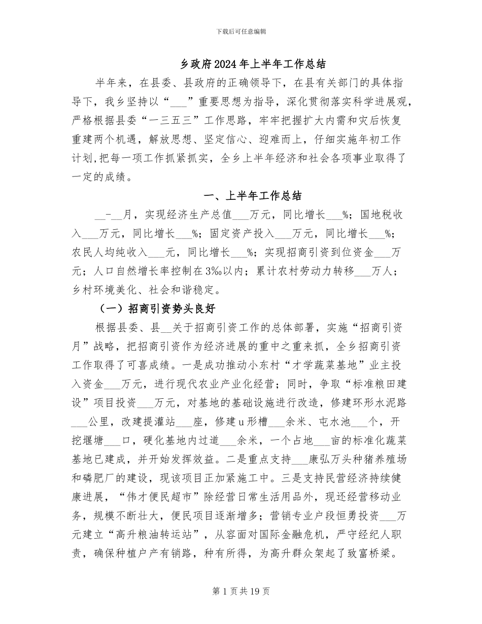 乡政府2024年上半年工作总结_第1页