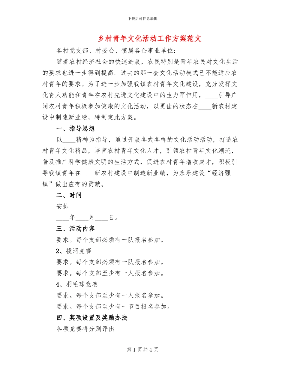 乡村青年文化活动工作方案范文(2篇)_第1页