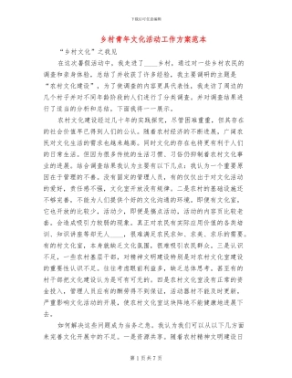 乡村青年文化活动工作方案范本