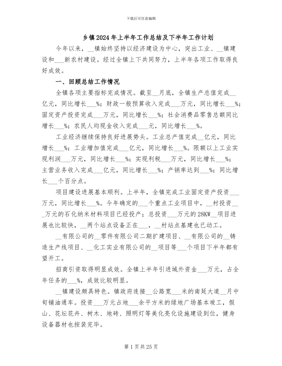 乡镇2024年上半年工作总结及下半年工作计划_第1页