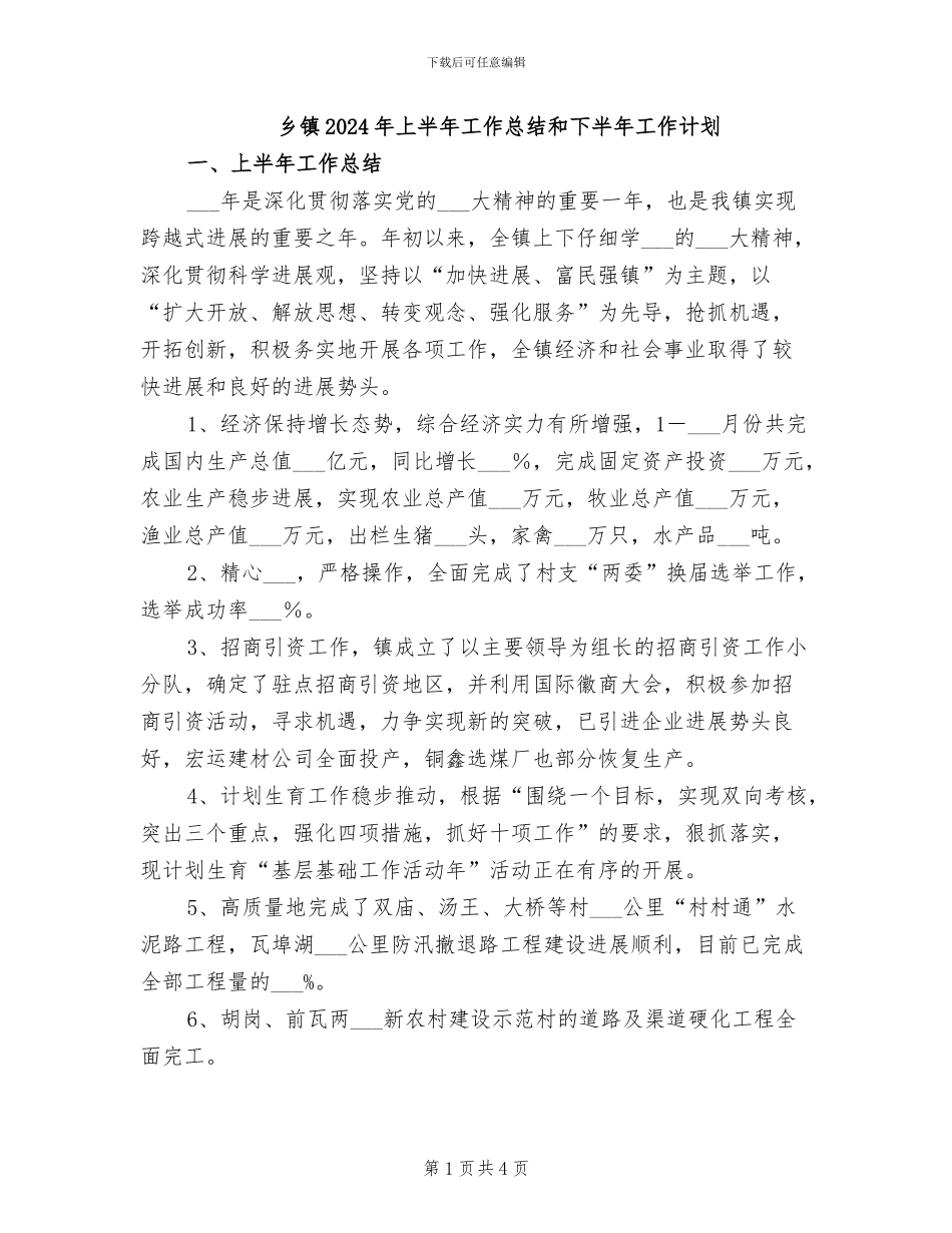 乡镇2024年上半年工作总结和下半年工作计划_第1页