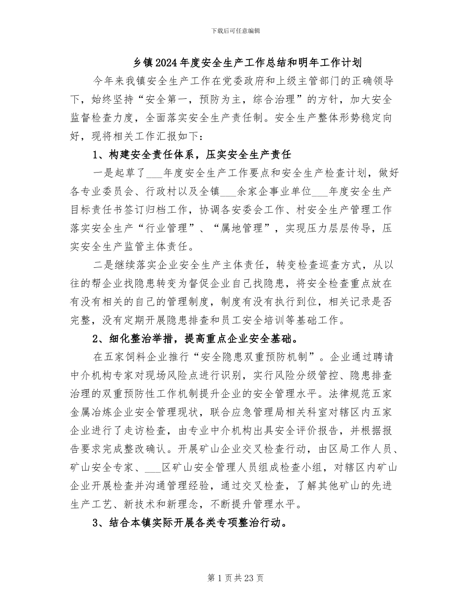 乡镇2024年度安全生产工作总结和明年工作计划_第1页