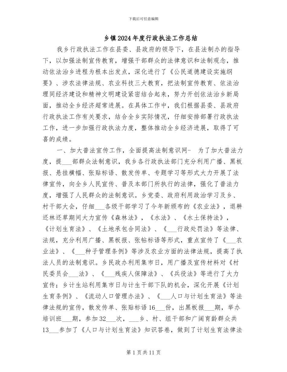 乡镇2024年度行政执法工作总结_第1页