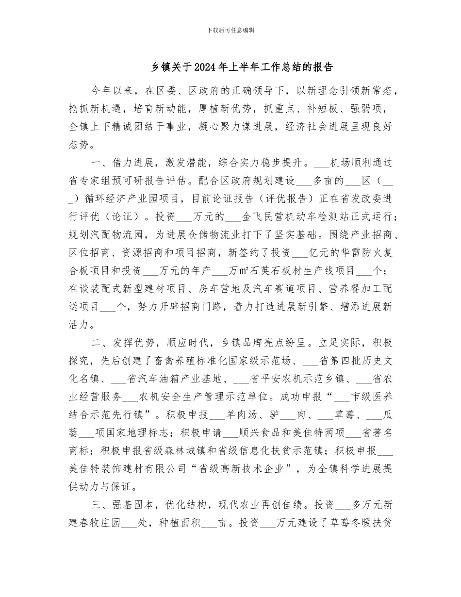 乡镇关于2024年上半年工作总结的报告_第1页