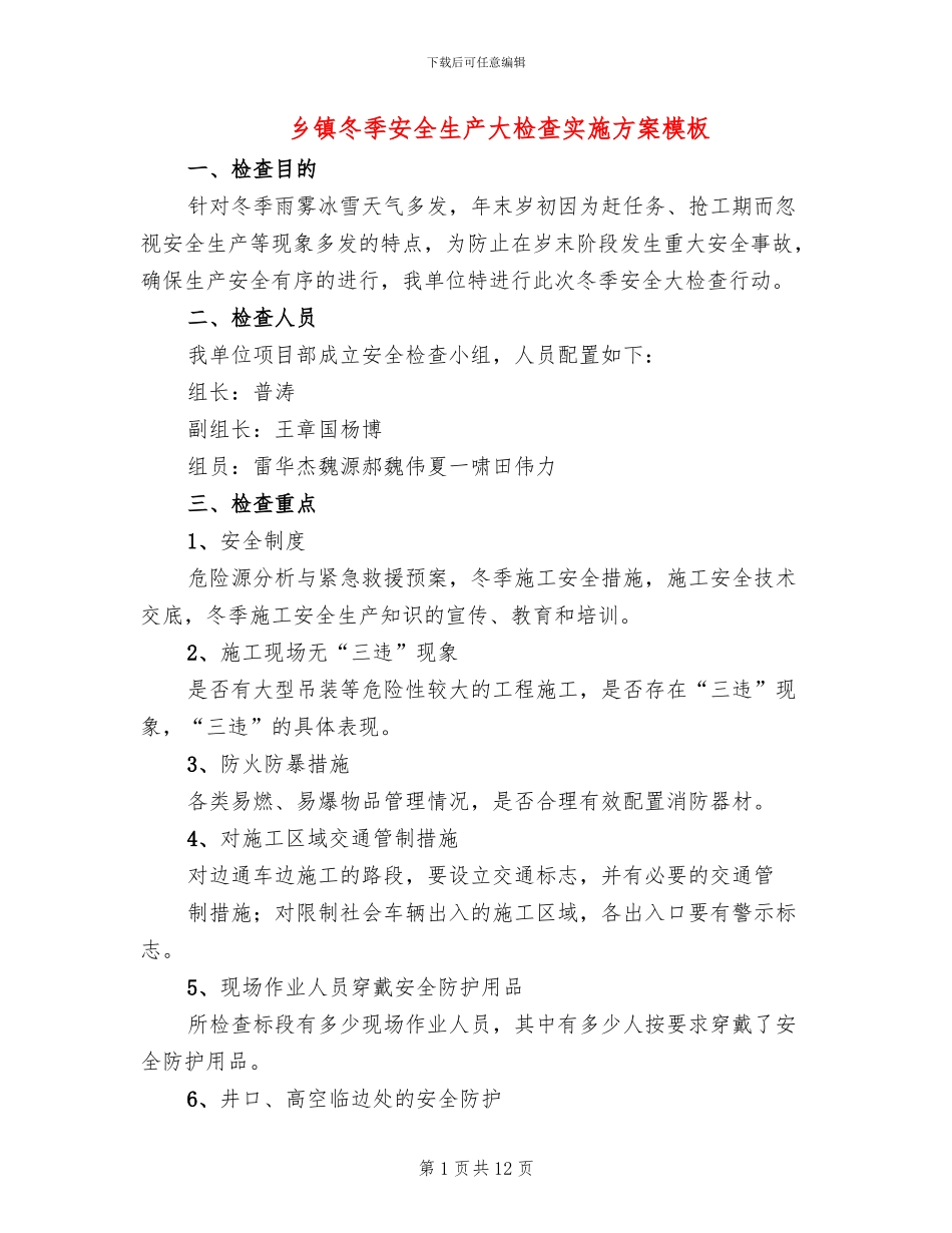 乡镇冬季安全生产大检查实施方案模板_第1页