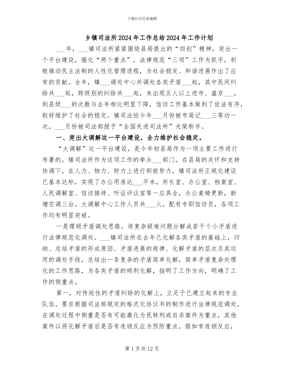 乡镇司法所2024年工作总结2024年工作计划_第1页