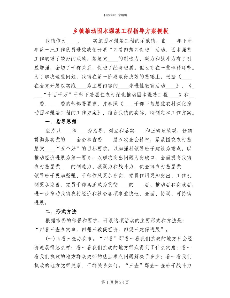 乡镇推进固本强基工程指导方案模板_第1页