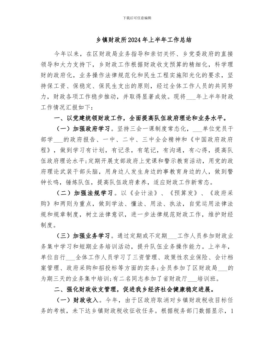 乡镇财政所2024年上半年工作总结_第1页