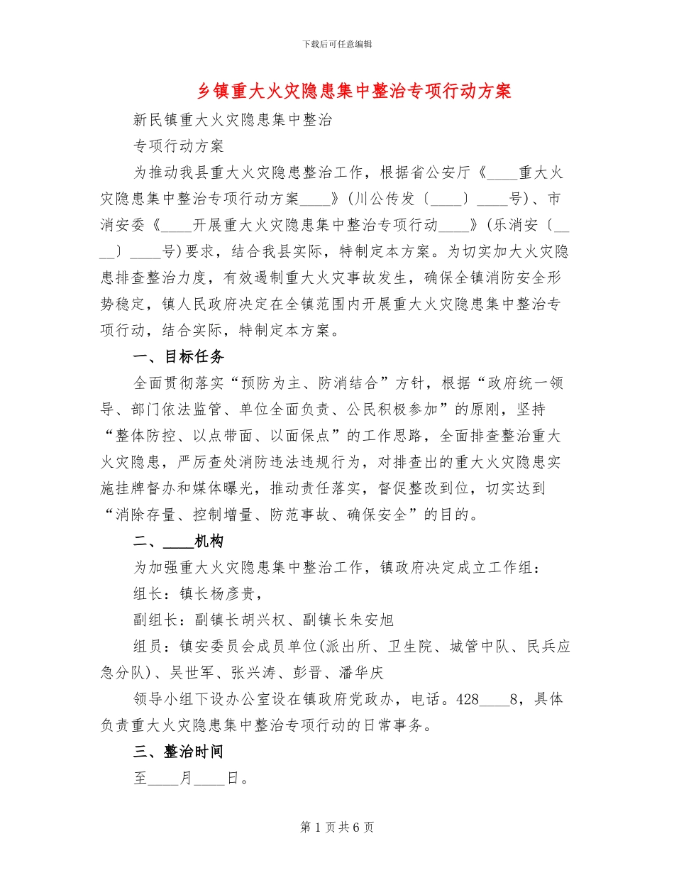 乡镇重大火灾隐患集中整治专项行动方案_第1页