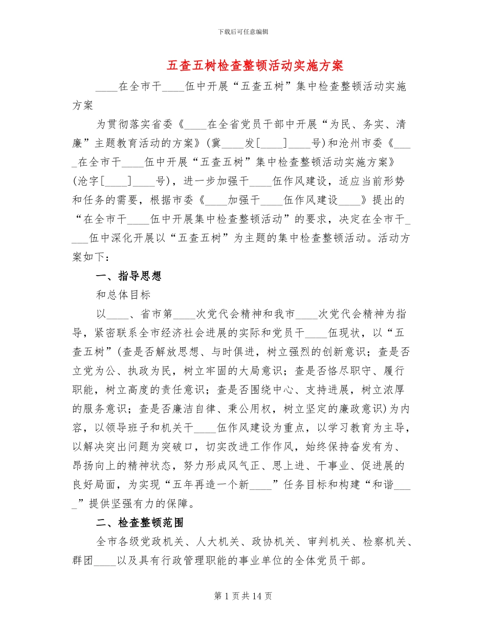 五查五树检查整顿活动实施方案_第1页