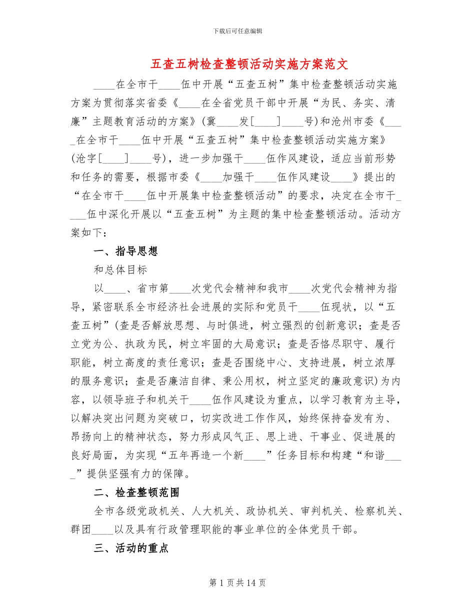 五查五树检查整顿活动实施方案范文_第1页