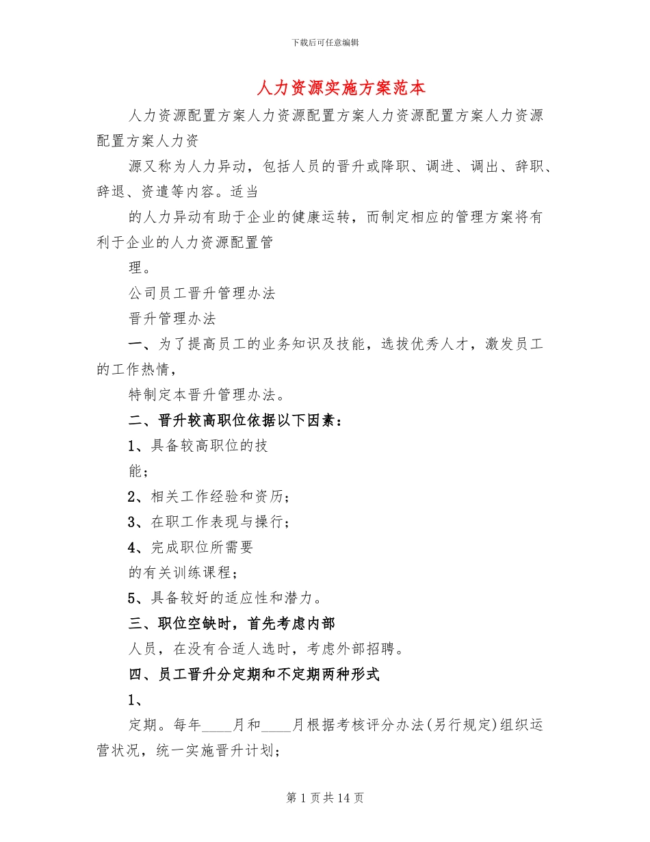 人力资源实施方案范本_第1页