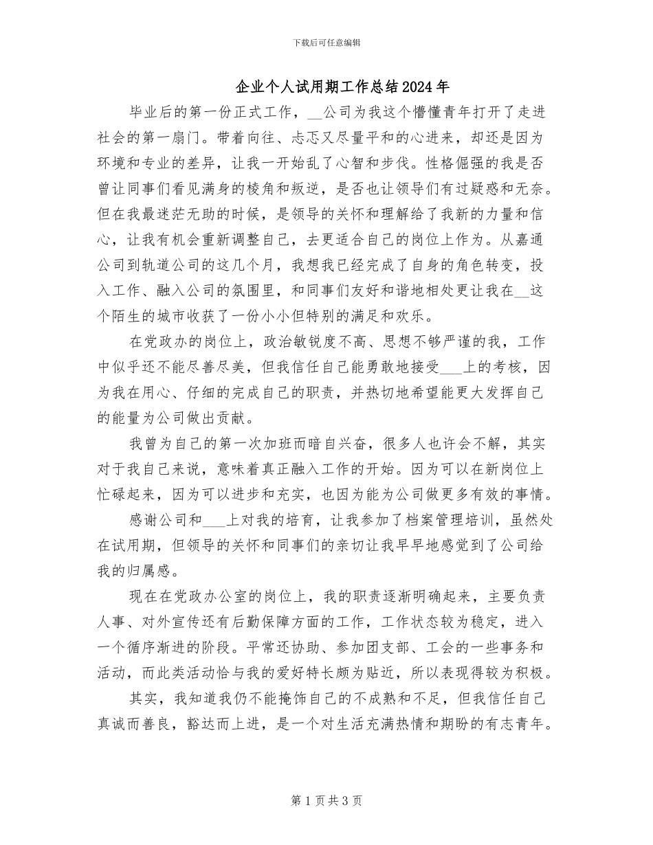 企业个人试用期工作总结2024年_第1页