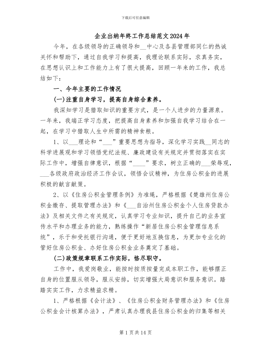 企业出纳年终工作总结范文2024年_第1页