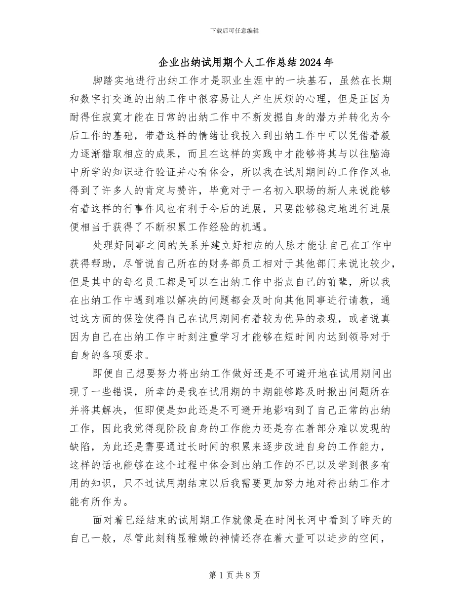 企业出纳试用期个人工作总结2024年_第1页