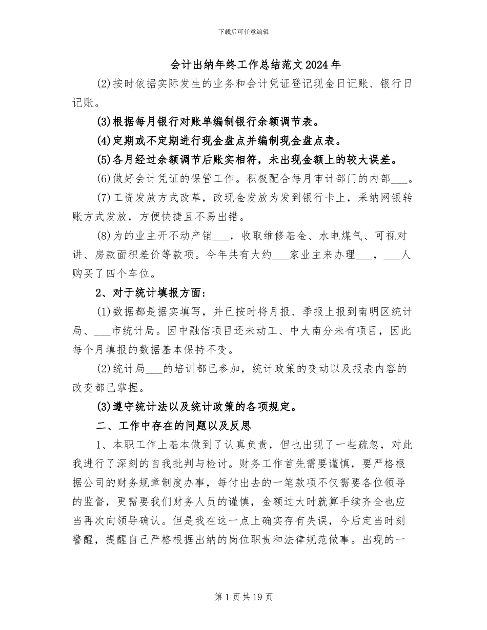 会计出纳年终工作总结范文2024年_第1页