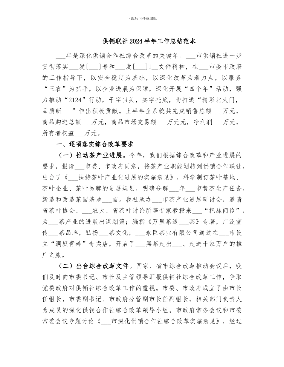 供销联社2024半年工作总结范本_第1页