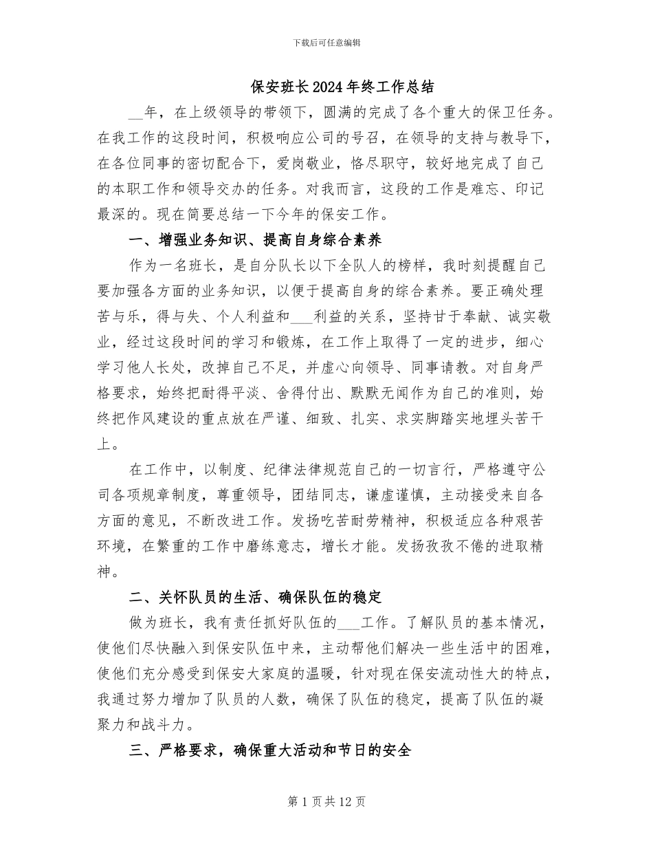 保安班长2024年终工作总结_第1页