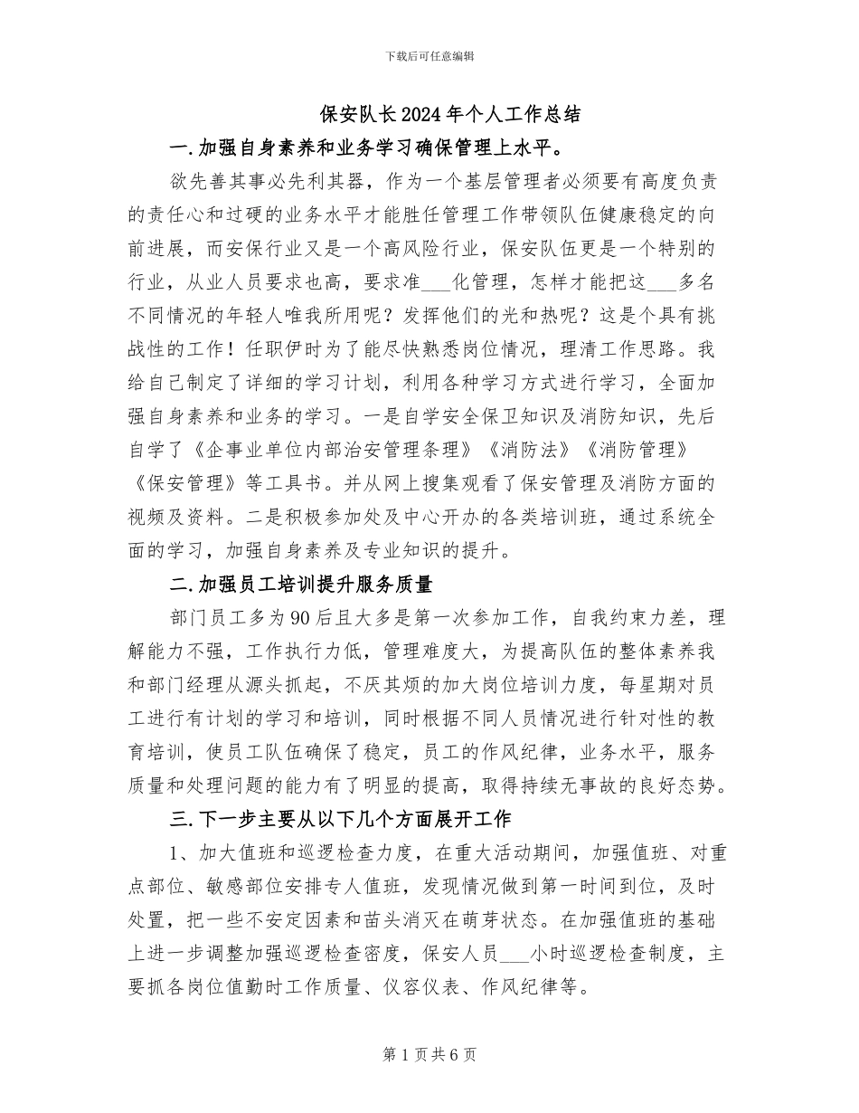 保安队长2024年个人工作总结_第1页