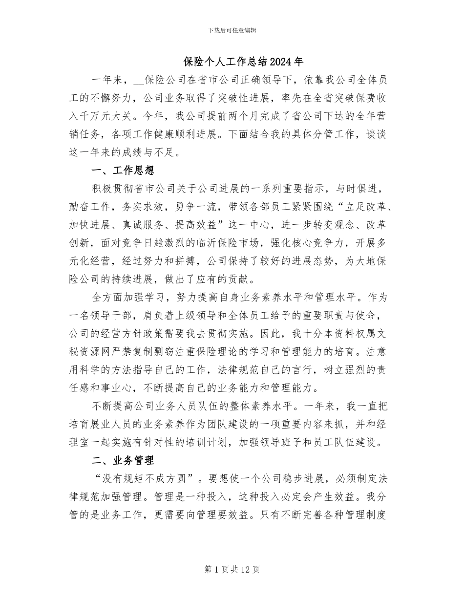 保险个人工作总结2024年_第1页