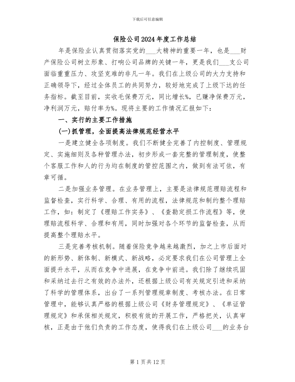 保险公司2024年度工作总结_第1页