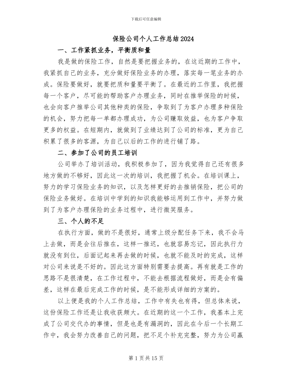 保险公司个人工作总结2024_第1页