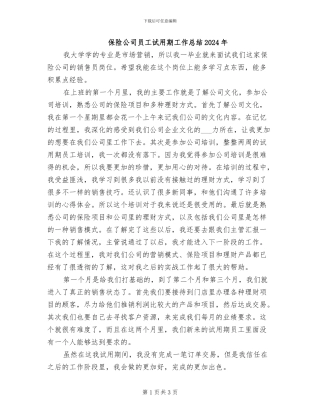 保险公司员工试用期工作总结2024年