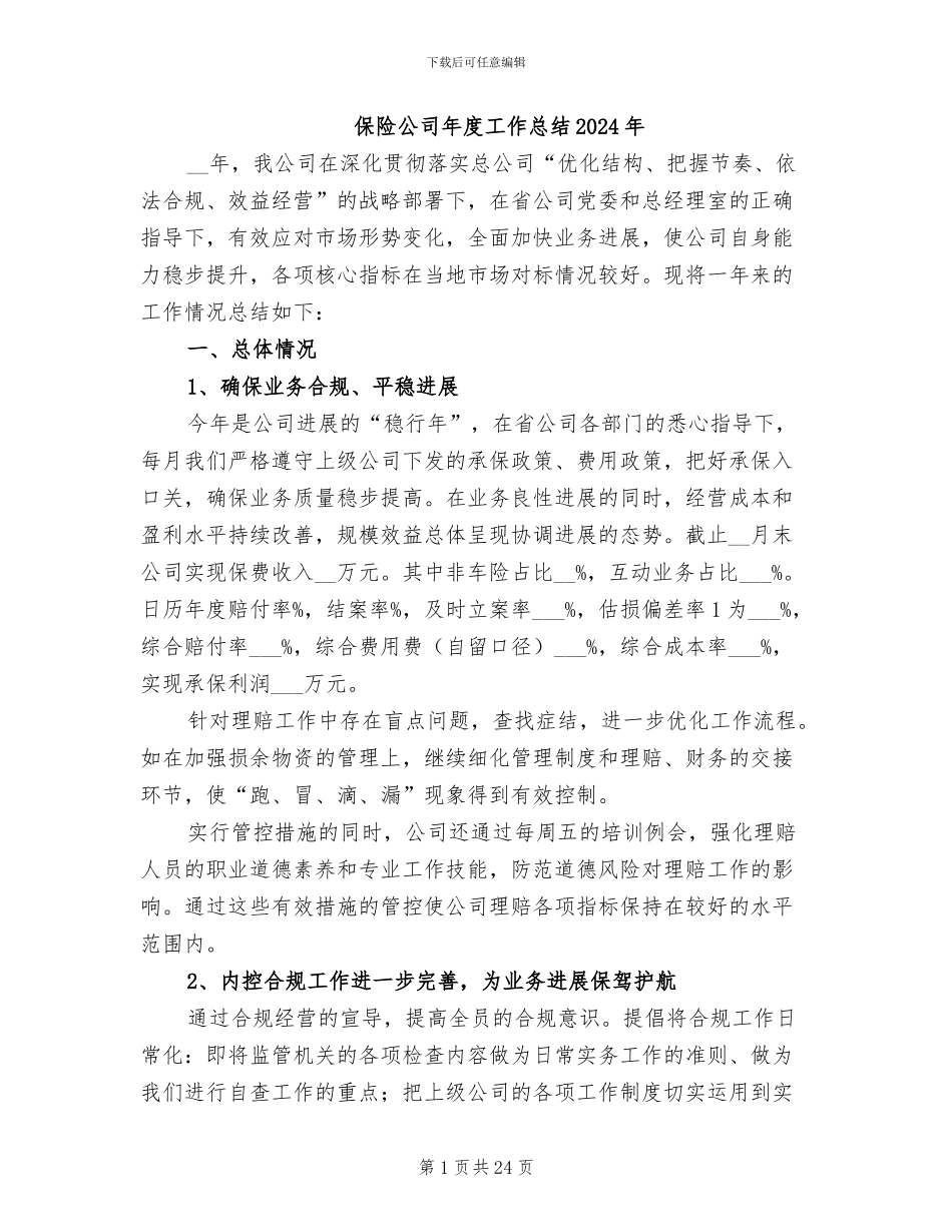 保险公司年度工作总结2024年_第1页