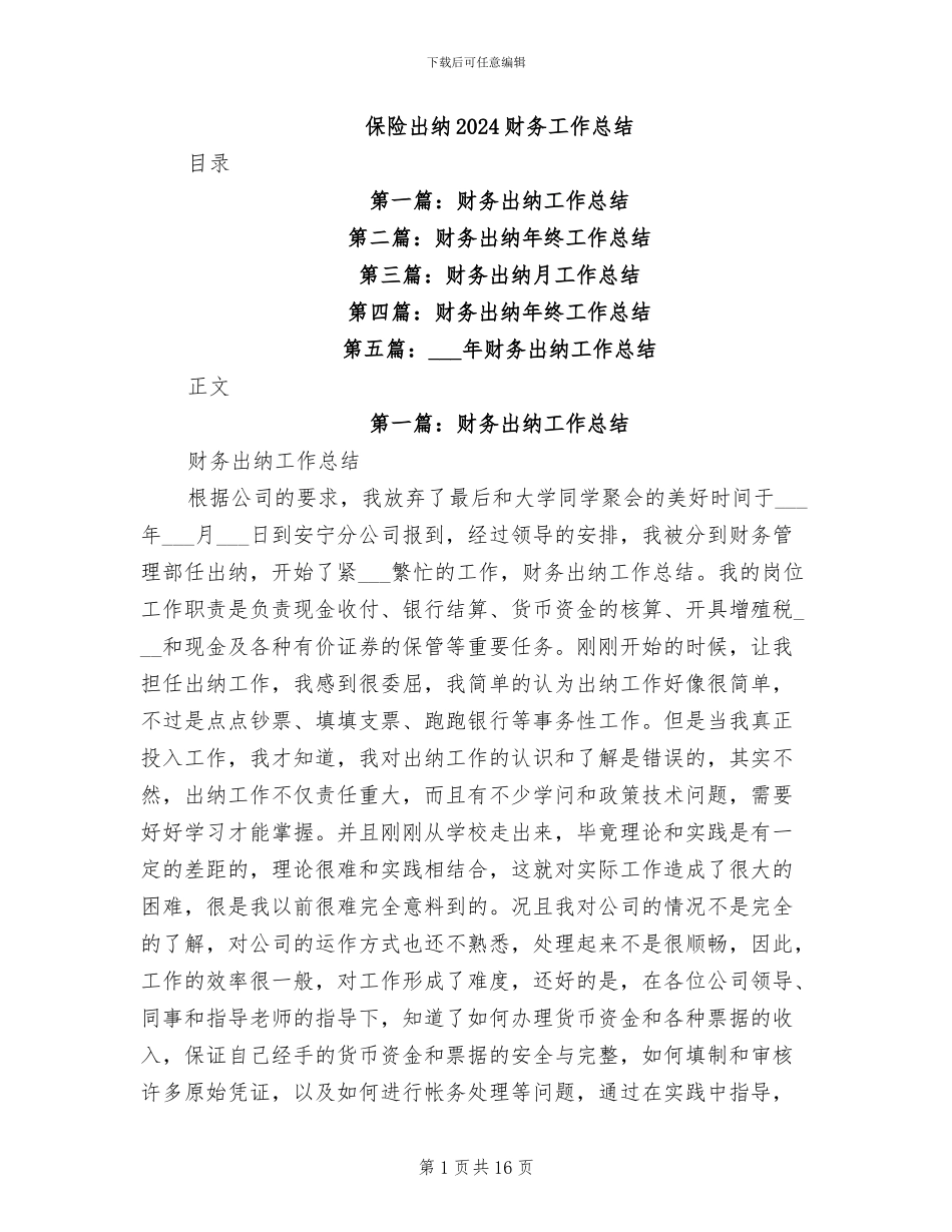 保险出纳2024财务工作总结_第1页