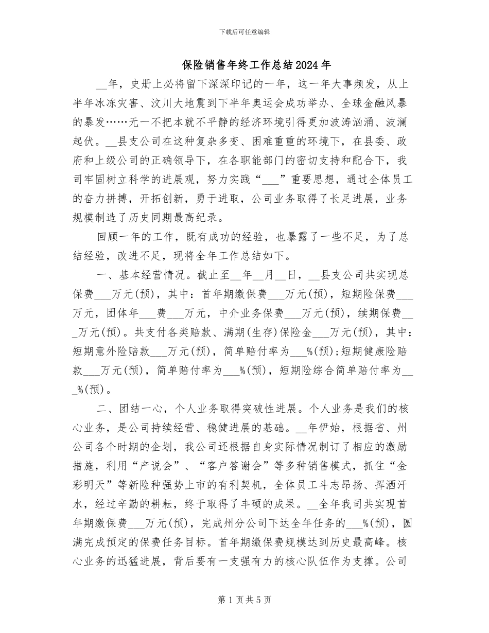 保险销售年终工作总结2024年_第1页