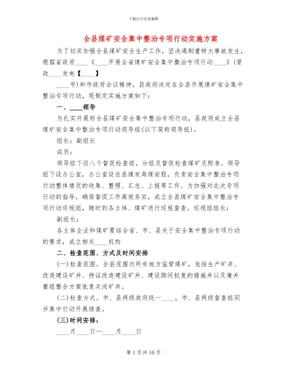 全县煤矿安全集中整治专项行动实施方案