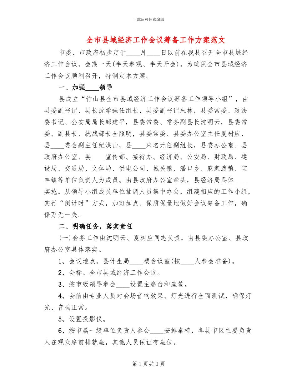 全市县域经济工作会议筹备工作方案范文_第1页