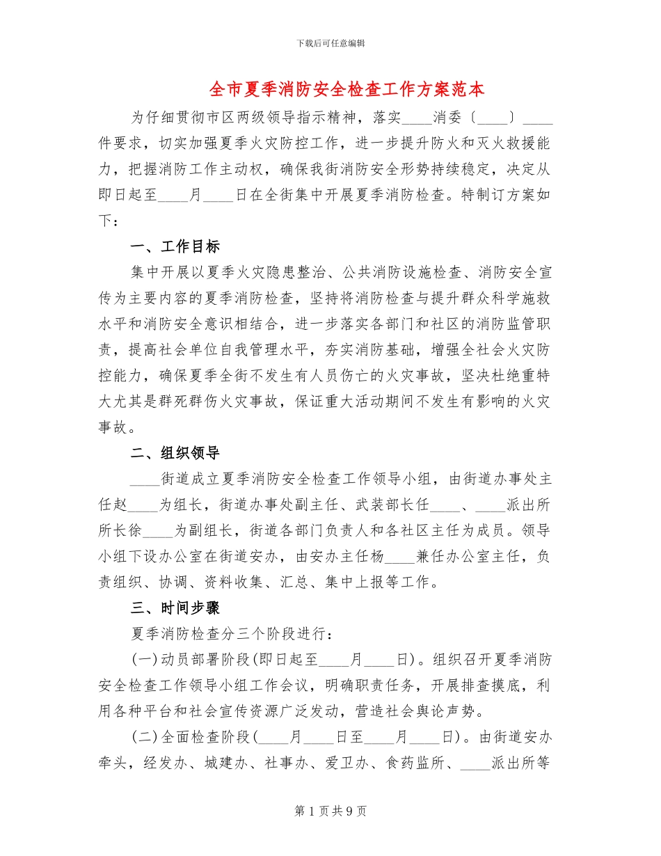 全市夏季消防安全检查工作方案范本_第1页