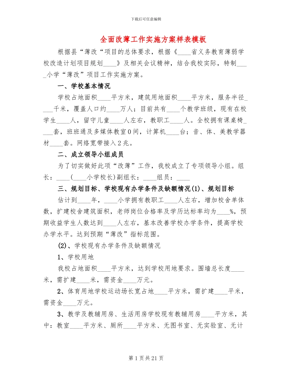 全面改薄工作实施方案样表模板_第1页