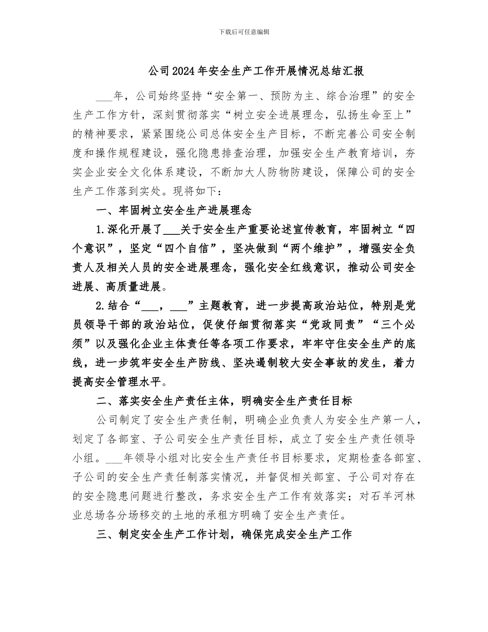 公司2024年安全生产工作开展情况总结汇报_第1页