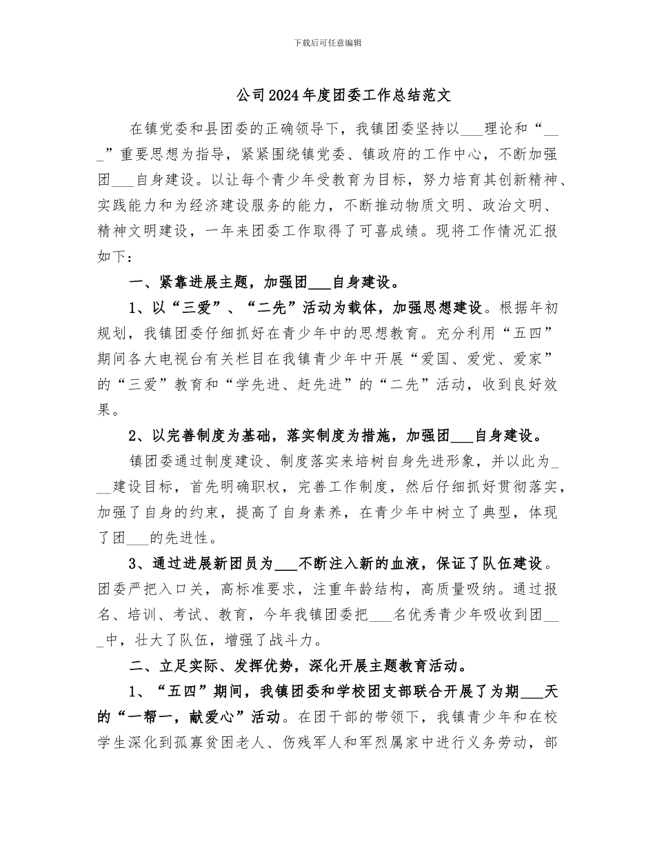 公司2024年度团委工作总结范文_第1页