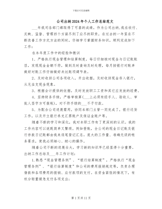 公司出纳2024年个人工作总结范文