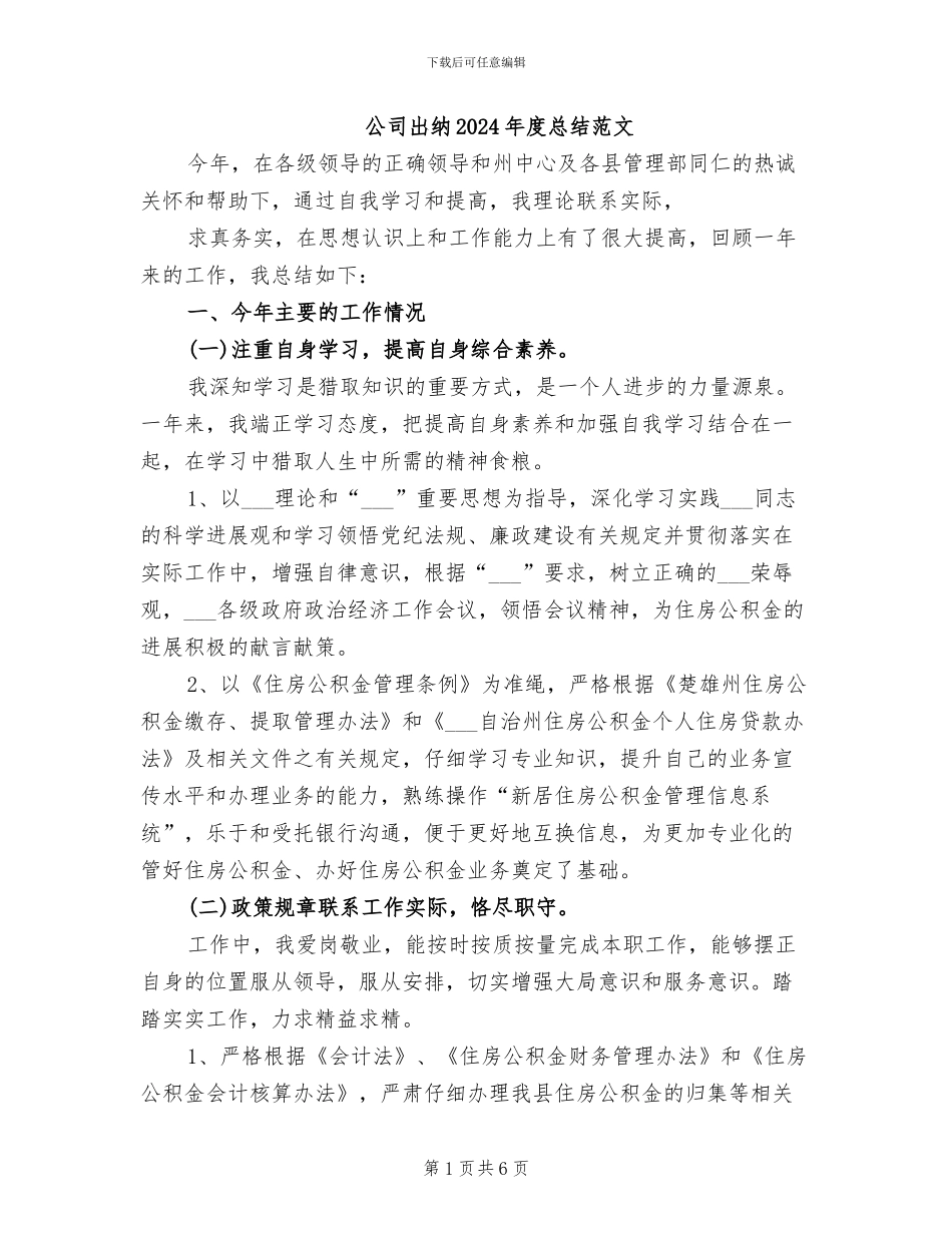 公司出纳2024年度总结范文_第1页