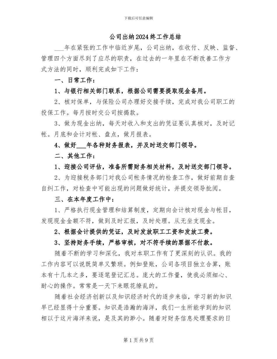 公司出纳2024终工作总结_第1页