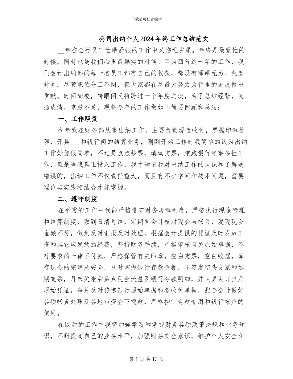 公司出纳个人2024年终工作总结范文_第1页