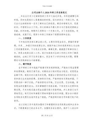 公司出纳个人2024年终工作总结范文