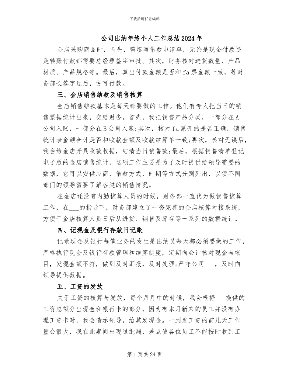公司出纳年终个人工作总结2024年_第1页